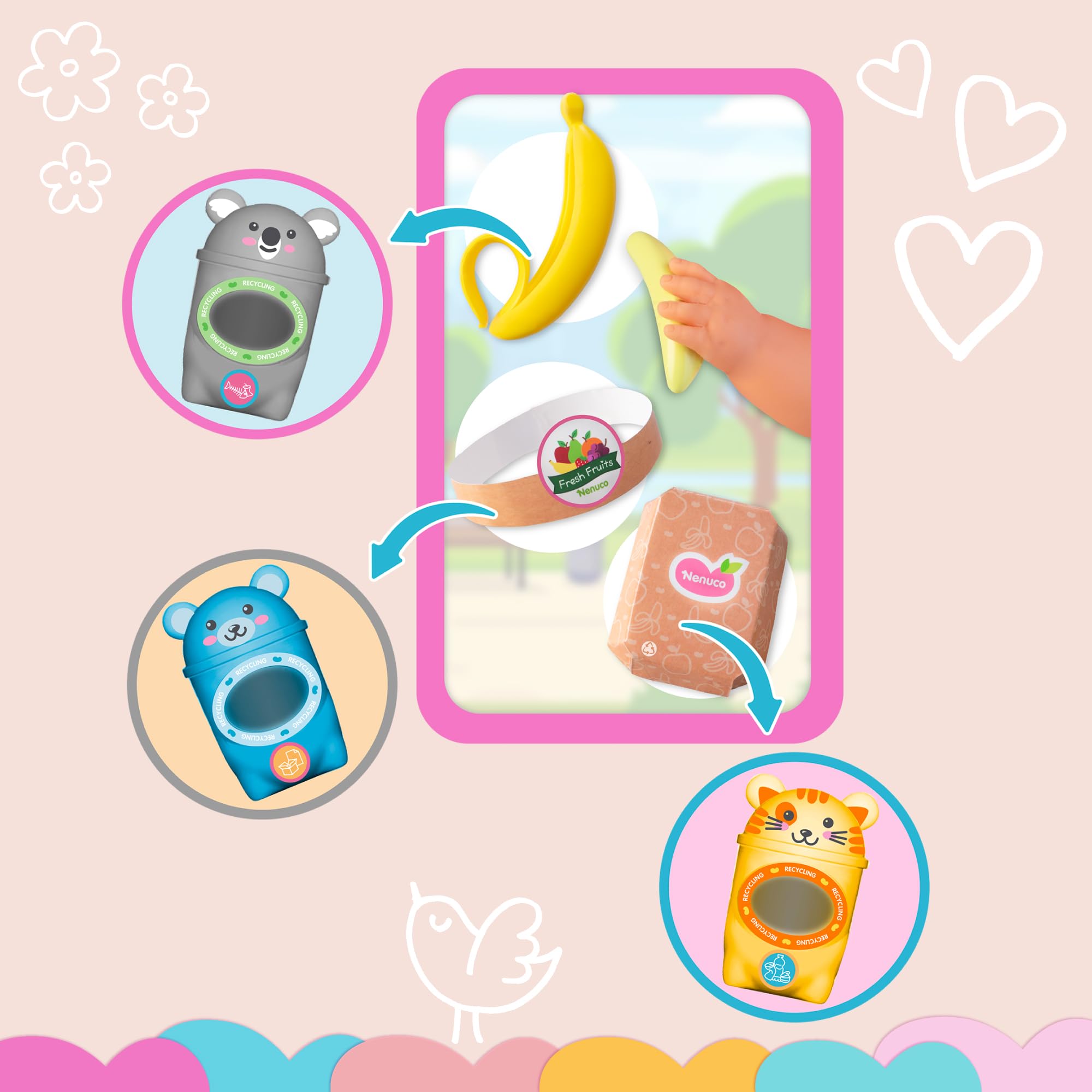 NENUCO - Cuida y Recicla, Muñeco Bebé de 42 cm y Cuerpo Duro y Body Rosa, Accesorios para Dar de Comer, Cambiar Pañal y Curar Heridas, Incluye 3 Contenedores de Reciclaje, +3 Años, Famosa (NFN98000)