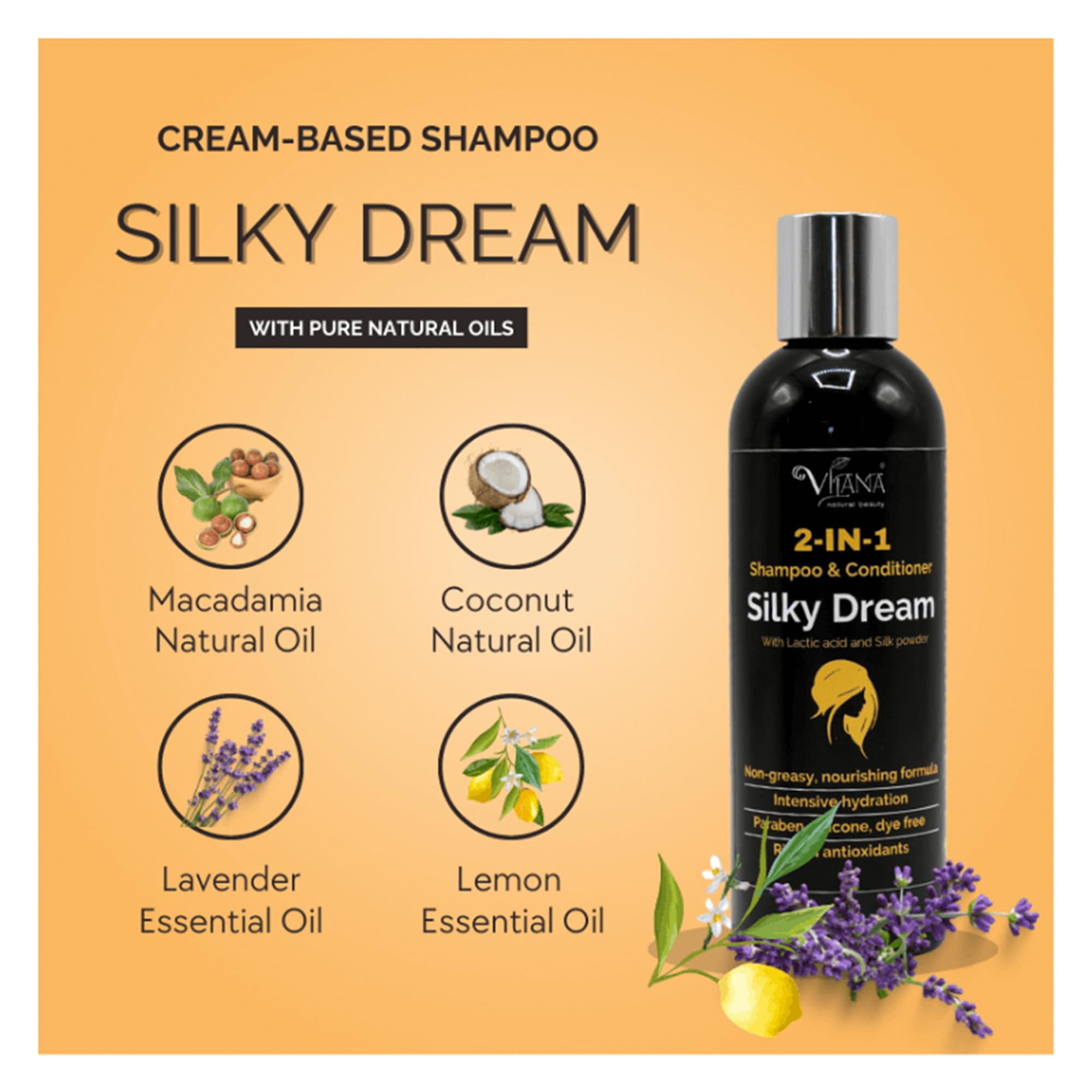Vilana Natural Beauty Silky Dream Natural Hair Shampoo&Conditioner 2 in1 for all Hair Types Nourishes&Helps Restore Healthy Hair Structure Sulphate Free Shampoo for Damaged Dry&Tangled Hair 480ml - Image 2