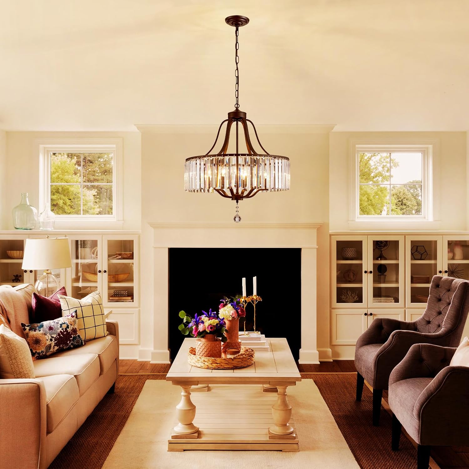 Black Crystal Chandelier 6-Light Modern Farmhouse Dining Room Light Fixtures Over Table Round Large Hanging Light for Living Room Kitchen Hallway Bedroom Foyer 21.7 Inch
