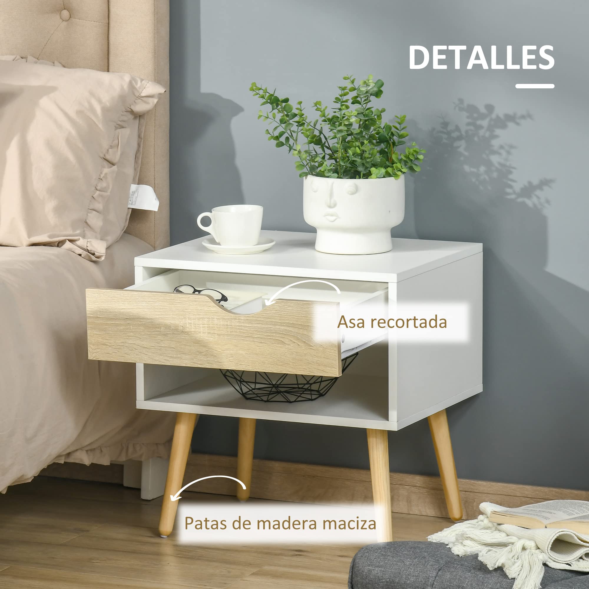 HOMCOM Set de 2 Mesitas de Noche con Cajón 50x39x51 cm Blanco y Roble | Mesa Auxiliar, Mesillas de Noche, Estante de Almacenamiento, Dormitorio Salón Cama Oficina, Estilo Moderno