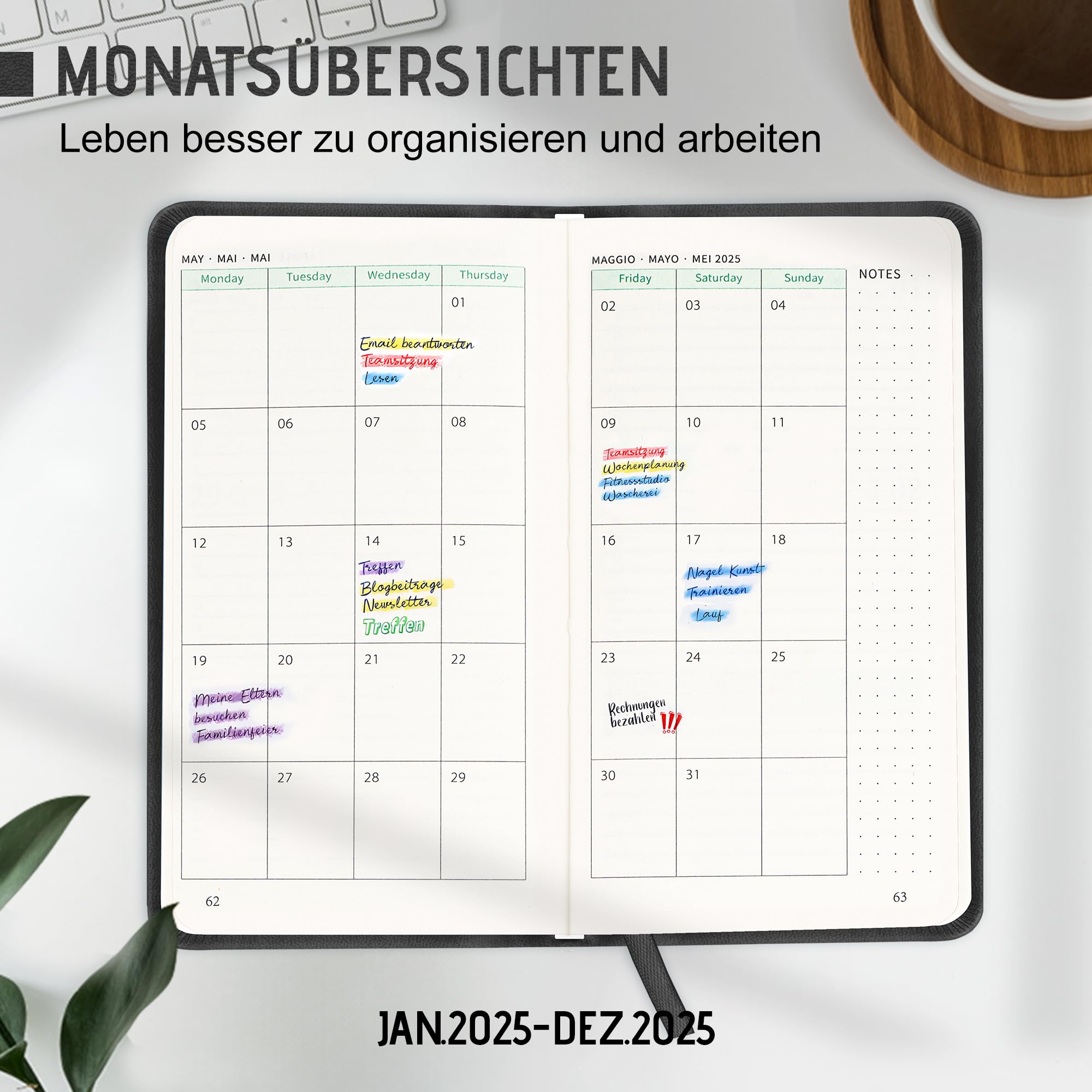 Jokisa Agenda Settimanale 2025 Tascabile, Agenda 2025 Piccola 1 Settimana 2 Pagine, Planner 2025 con Chiusura a Elastico e Segnalibro, circa A6 (16,5 x 9,5 cm), Gen.2025-Dic.2025