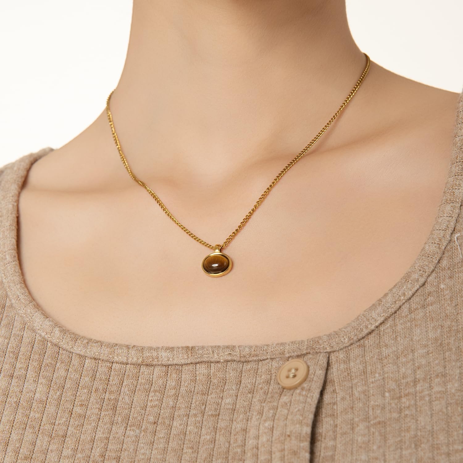 okisen Vintage Tiger Eye Necklace, 14K Gold Plated Stainless Steel, Natural Stone Pendant, Waterproof Hypoallergenic, Adjustable Chain 19.68-21.64 Inches, Brown, Spiritual Jewelry - Image 4