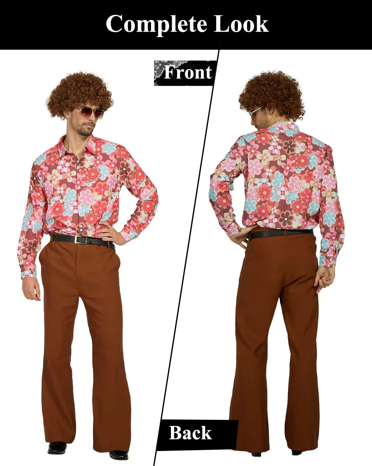 Conjunto de disfraz de discoteca de los años 70, hippie, con pantalones acampanados, camisa para cosplay de los años 50, 60, 70, fiesta de Halloween