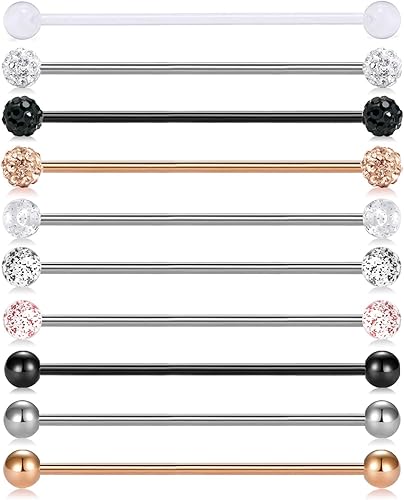 MODRSA 10 piercings industriales de acero inoxidable de 14 G, para cartílago, piercing corporal, joyería de 1.260in, 1.378in, 1.496in, barra de