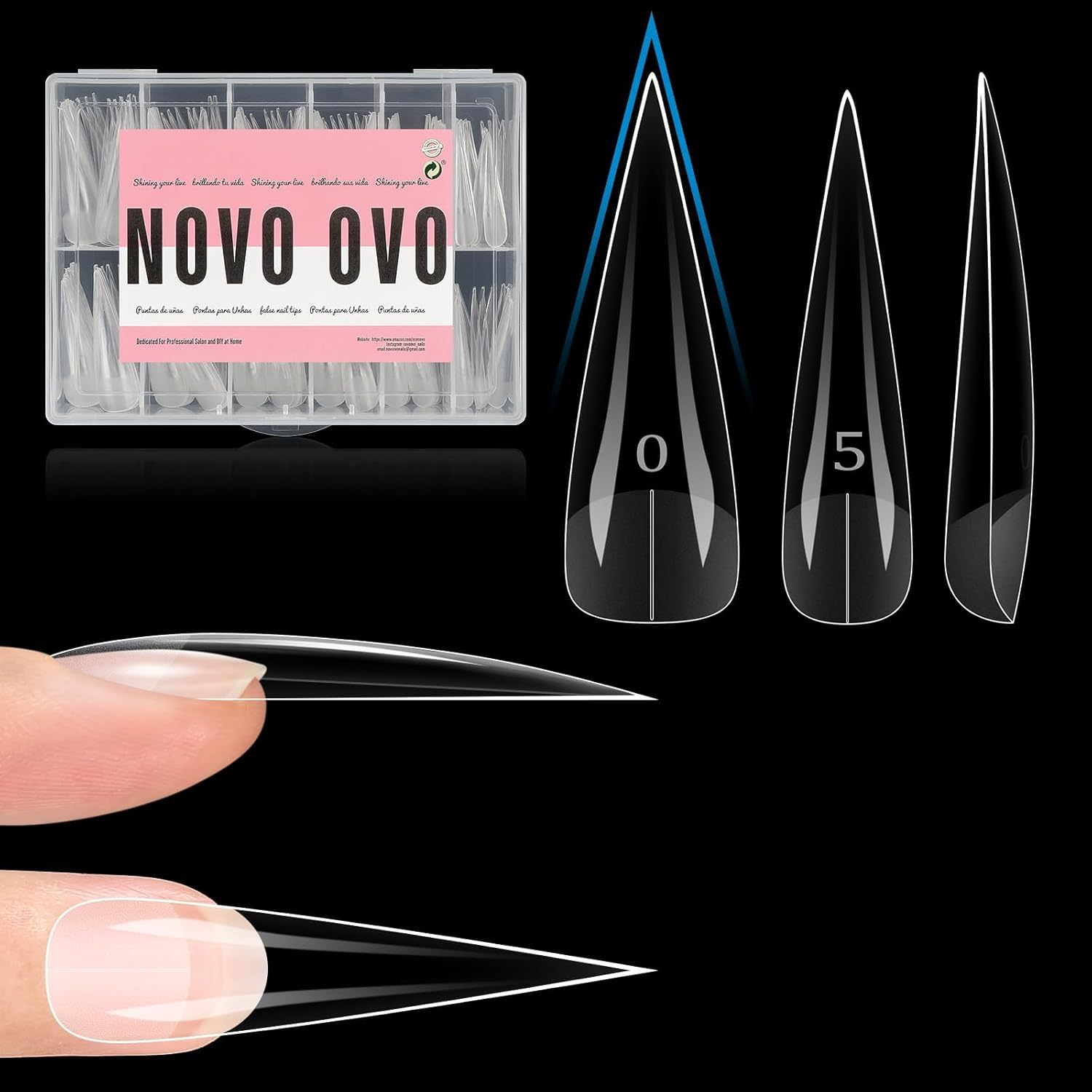 NOVO OVO Halloween XXL Straight Sharp Stiletto Natural Nail Tips Press on (not Sculpted), Normal Thick Extra Long Soak Off Soft Gel Fake Nail Extension, Full Cover False Nails for 12 Sizes 240 pcs