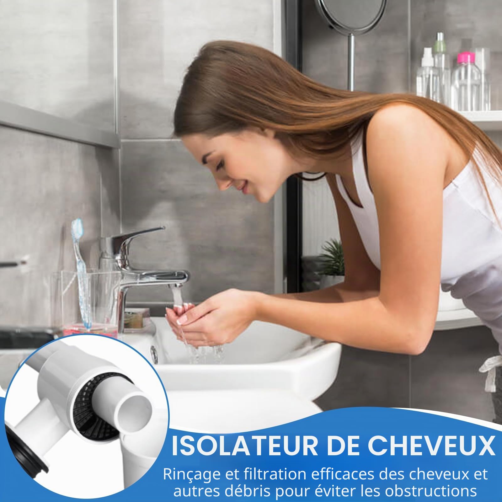 Siphon lavabo extra plat 32 mm, siphon gain de place orientable 360° avec clapet anti-odeur, kit bonde et tuyau d'évacuation pour salle de bains, muezzin réglable