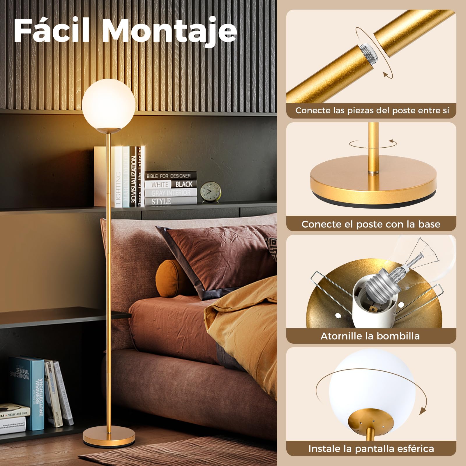 COSTWAY Lámpara de Pie Moderna 165 cm, Lámparas de Suelo Altas con Pantalla de Cristal y Base Pesada, Interruptor de Pie, Lámpara de Pie Lectura para Salón, Dormitorio, Dorado(E27 Bobilla No Incluida)