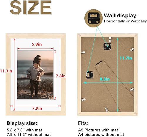 Vista 193 de KINLINK Marco de fotos A4 natural, de madera maciza con plexiglás acrílico para fotos A5 con paspartú o A4 sin paspartú, marco de fotos para mesa