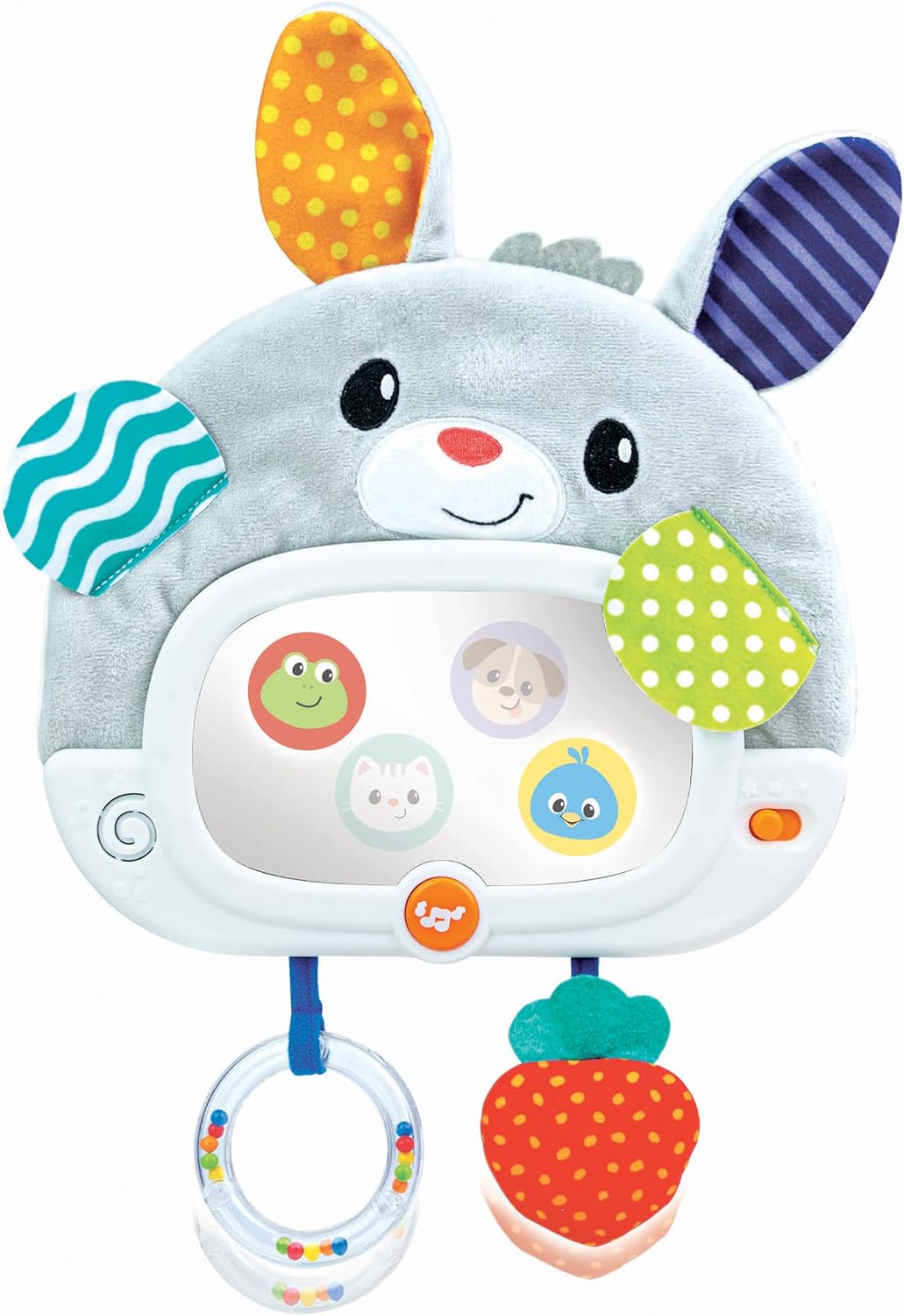 winfun Day 'N Night Bunny Baby Mirror with Light-Up Effects 2 Play Modes, Interactive Pull-Down Rattle Ring, and Tummy Time Stand Baby Sensory Toy for Crib or Stroller, Unisex