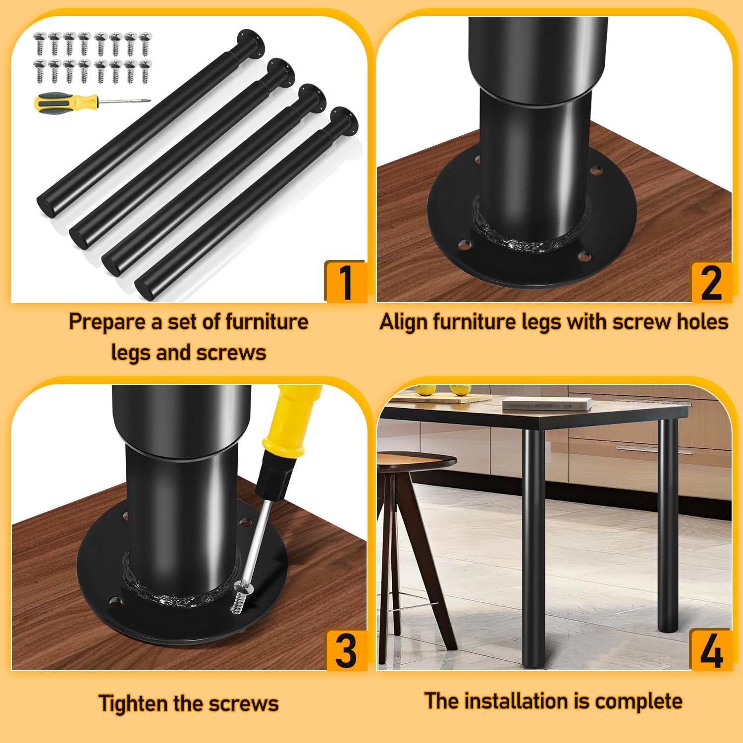 Juego de 8 patas de mesa de metal negro, altura regulable (71-110 cm) para muebles con tornillos, soporta hasta 200 kg, para sofás, patas de muebles, escritorios