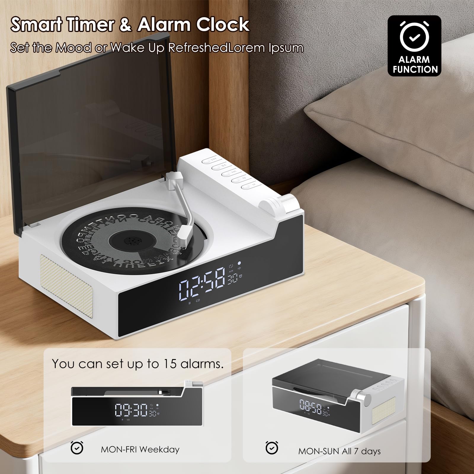 Przenośny odtwarzacz CD do domu z głośnikiem Hi-Fi, nadajnik i odbiornik Bluetooth, timer, wyświetlacz LED, wbudowane podwójne głośniki, obsługa USB/AUX (biały)