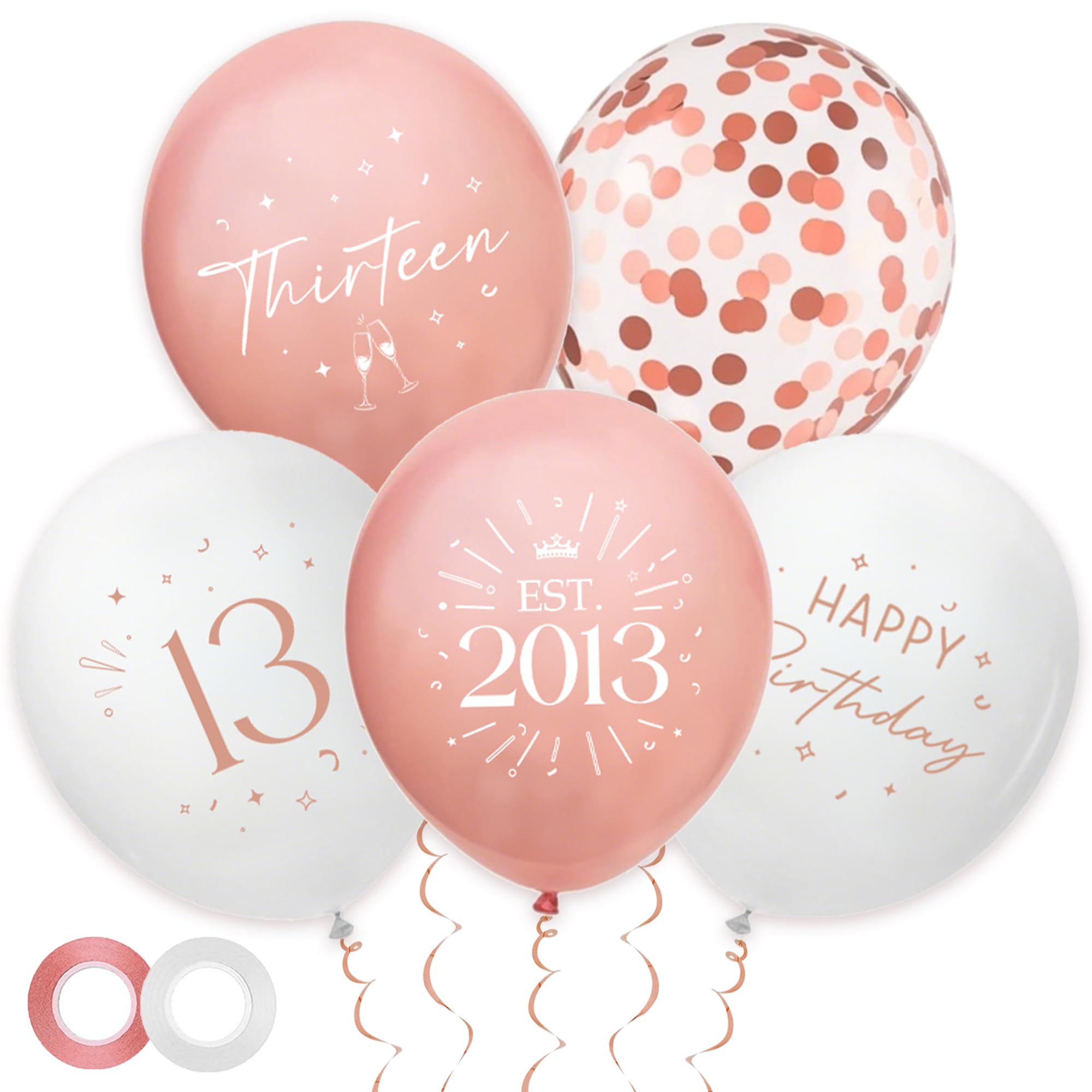 30 Pack 13th Birthday Balloons Decorations - Rose Gold 13 Party Decor for Girls Thirteen Balloon with Ribbon, Retro Vintage Classic EST. 2013 Happy 13th Birthday Decoration