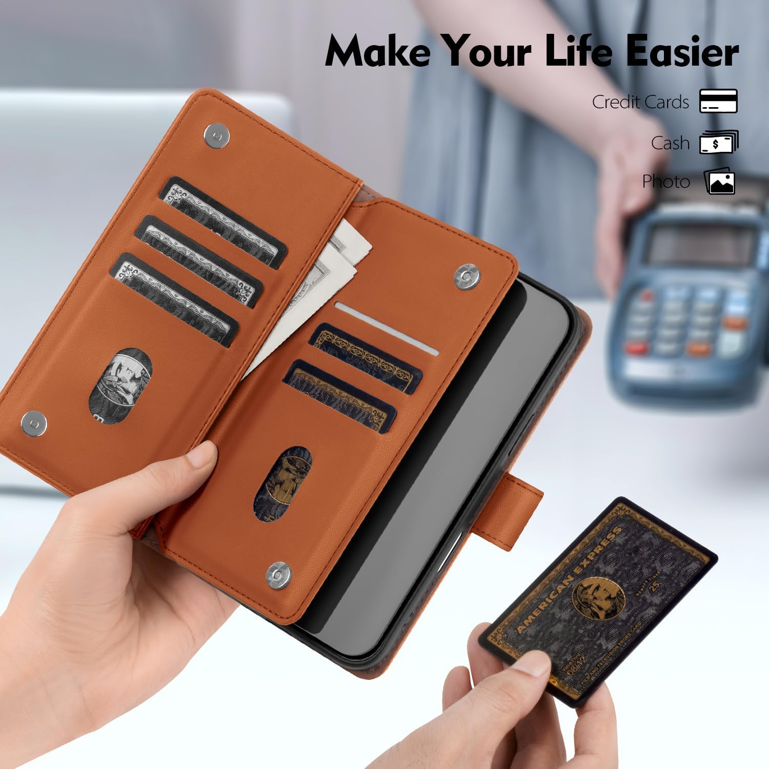 Compatible with iPhone 16 Pro Wallet Case with Card Holder,Women Men RFID Blocking PU Leather Folio Flip TPU Protective Cover Credit Card Slots,Phone Case for Apple 16 Pro 6.3",Light Brown - Image 5