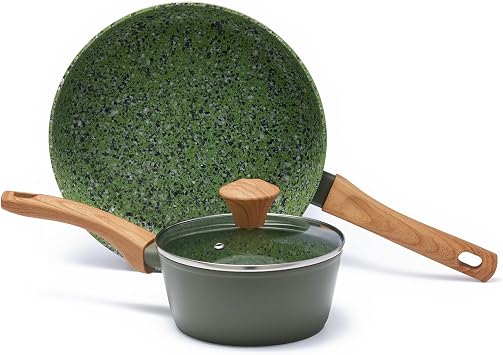 2-Piece Nonstick Cookware Set,10.25 Inch Frying Pan & 1.43QT Saucepan with Lid, PFAS PFOA Free Non-Toxic Coating, Heavy Bottom Even Heat, Induction Compatible, Dishwasher Safe Green