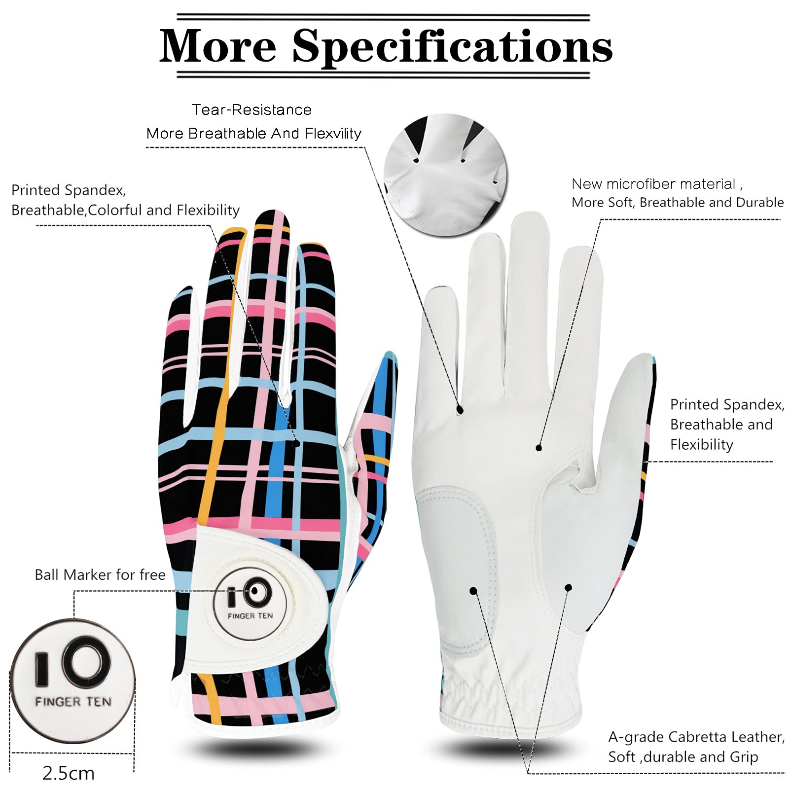 FINGER TEN Golf Gloves Ladies Pair for Left and Right Hand Leather,Golf Gloves for Women Weathersof Comfortable (Multicolor, Medium) - Image 2
