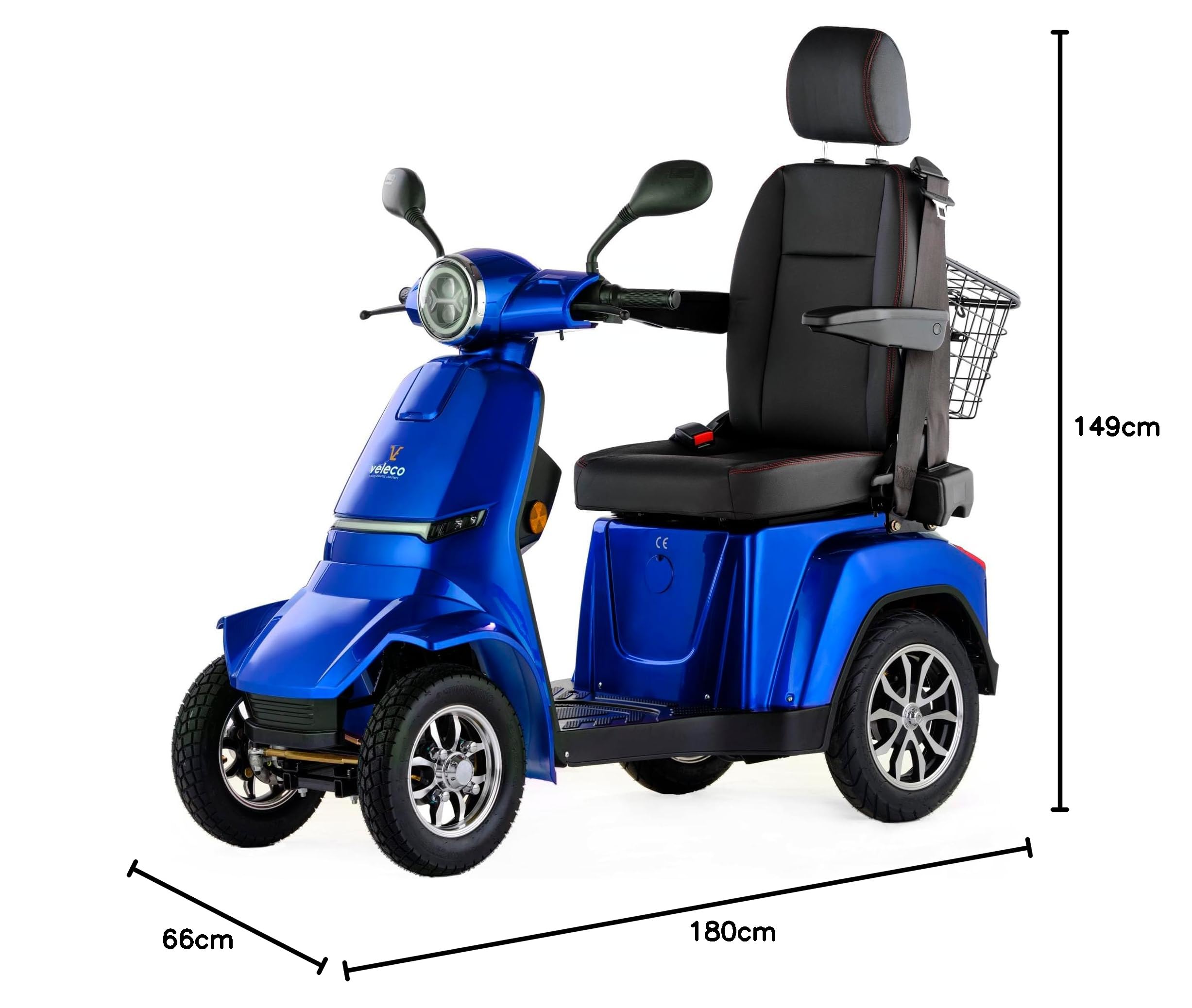VELECO Gravis - dispositivo de movilidad en las 4 ruedas - asiento tipo capitán con respaldo - batería de iones de litio extraíble - ensamblado y listo para conducir - iluminación LED (Azul)
