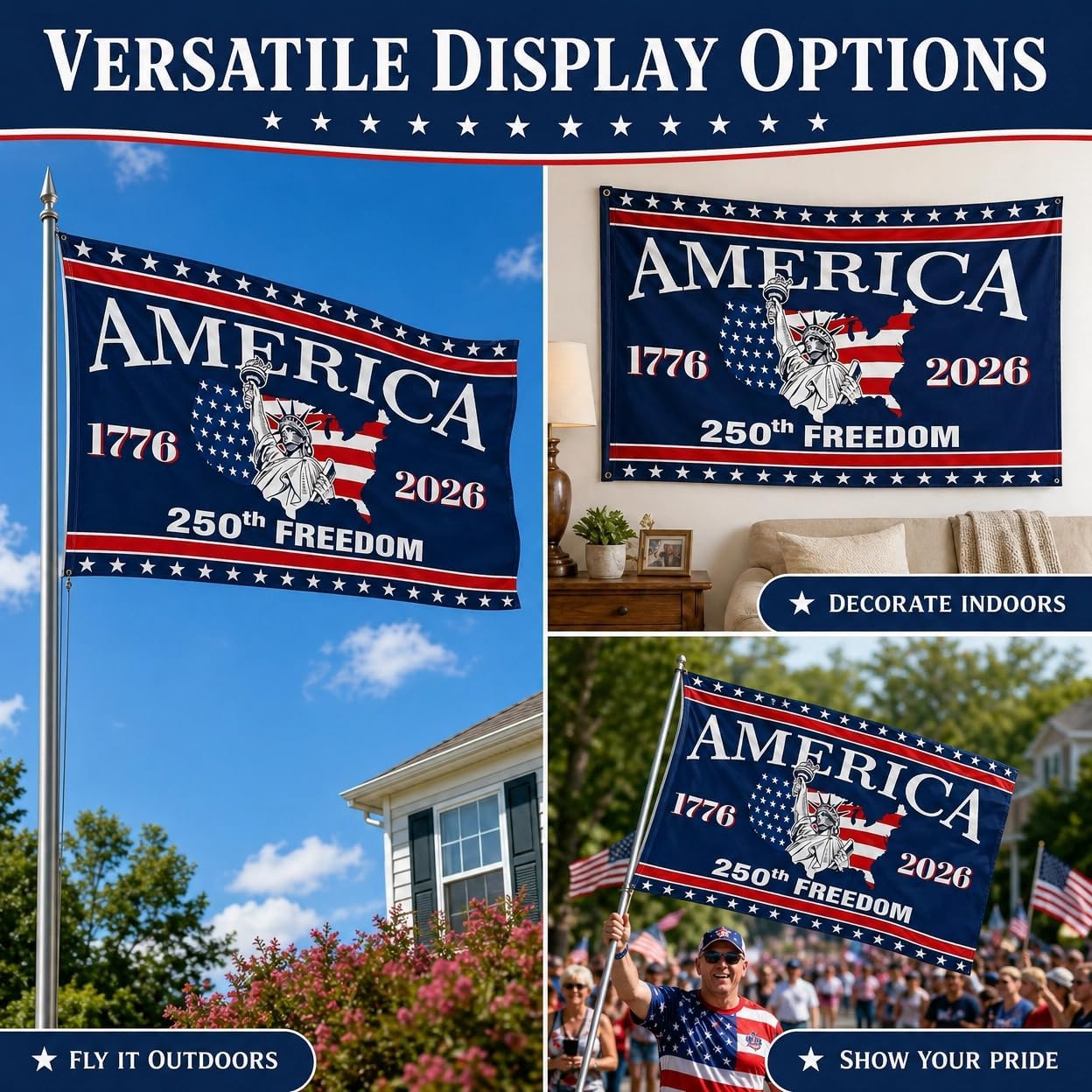 250th Anniversary USA Flag 3x5 Ft Single Sided, 1776-2026 America 250 Commemorative House Flag, Heavy Duty Outdoor Patriotic Banner with Brass Grommets, UV Fade Resistant for Yard Garden Decor (04)