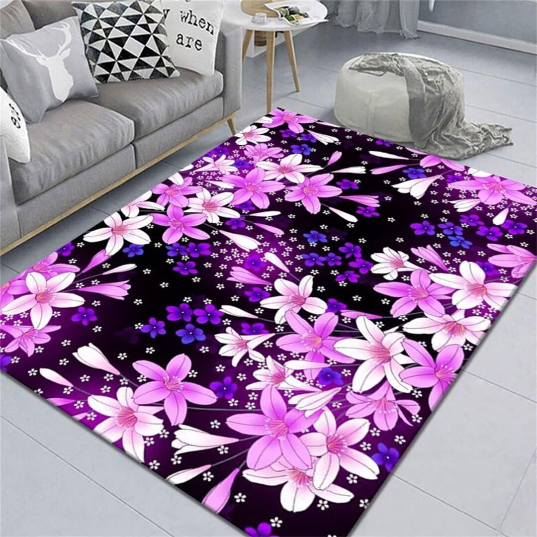 Tapis sur mesure motif fleurs violet résistant pour protéger le sol de la cuisine