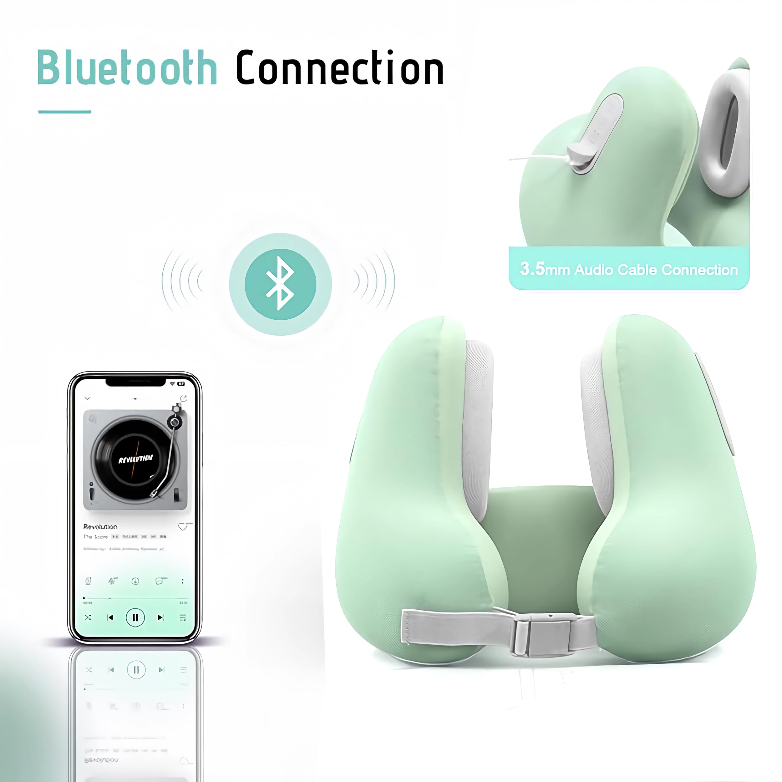 B15D Reisekissen mit Bluetooth Lautsprecher, Nackenkissen für Flugzeug Bahn Auto Büro, HiFi Sound, Freisprechfunktion, USB-C, Bluetooth 5.3, 30 Std Laufzeit, 3,5 mm Audioanschluss, Hellgrün