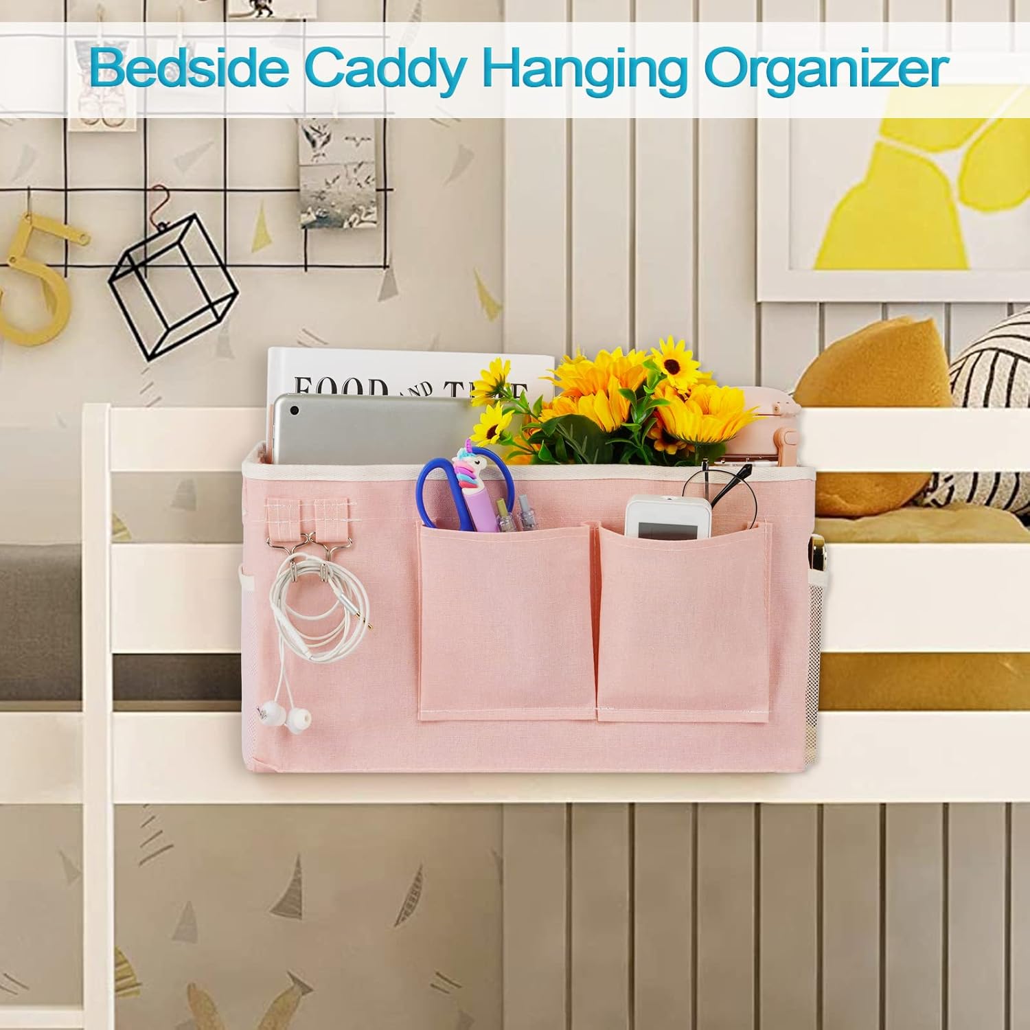 Loghot Bedside Caddy/Bedside Storage Bag Hanging Organizer for Bunk and Hospital Beds,Dorm Rooms Bed Rails,Can be Placed Glasses,Books,Mobile Phones,Keys (Light Pink) - Image 2