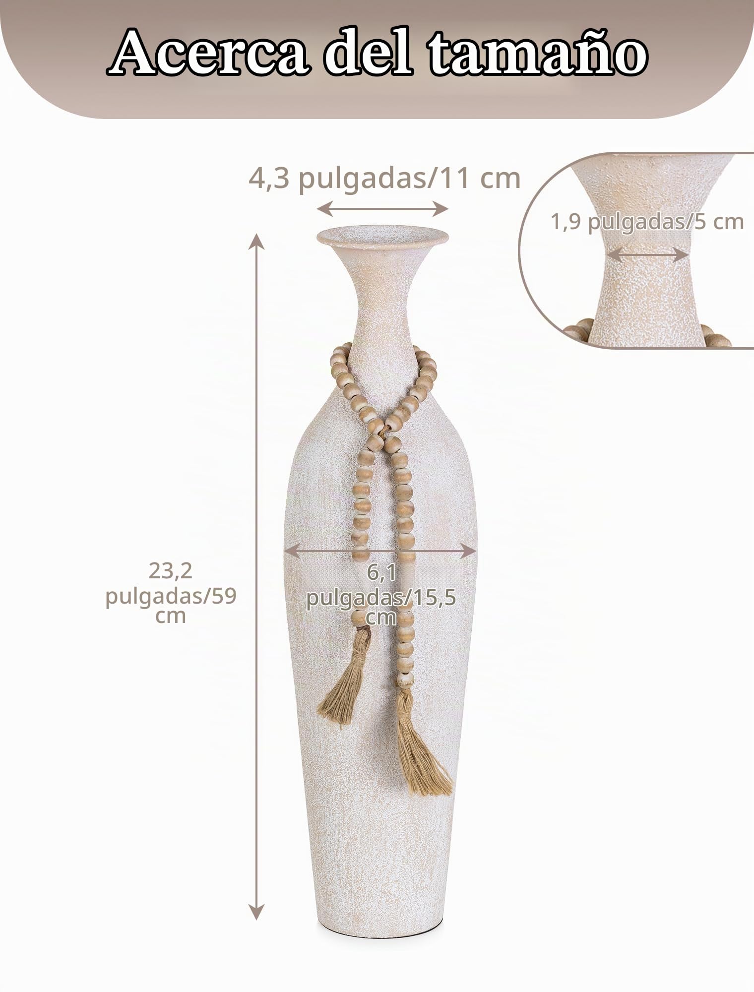 Sziqiqi Jarrones Altos Blancos de Piso: Rústico Jarrones Grandes de 60cm con Cuentas Boho para Planta Artificial Hierba Pampas - Jarrón Extra Grande de Metal para Decoración del Sala Interior Chimenea