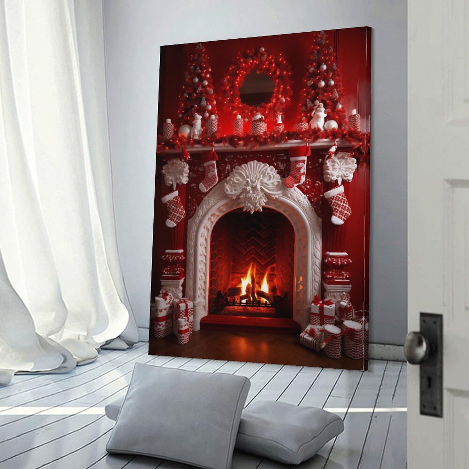 Chaussettes de Noël - Art mural sur toile - Motif cheminée - Motif moderne - Décoration murale - Décoration de dortoir