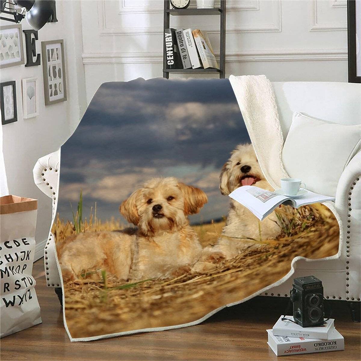 Plaid Couverture Polaire Chien Maltais 3D Chiot De Compagnie Douce Chaude Microfibre ete Hiver Couverture en Flanelle 150x200 pour Jeté de Canapé, Dessus de lit pour Enfant Fille Garcon