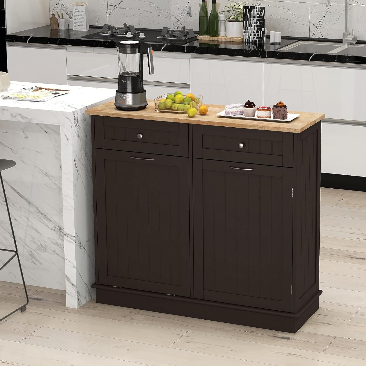 Tilt Out Trash Cabinet, Laundry Cabinet with 2 Drawers & Adjustable Shelf, Rubber Wood Counter Top, Recycle Bins for Dining Room, Kitchen (Brown)