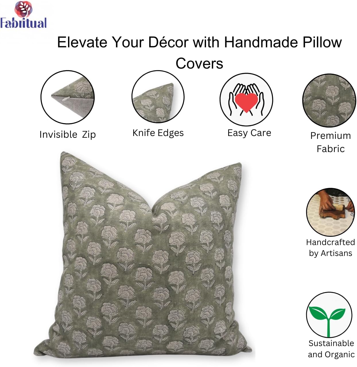 Handmade Block Print Thick Linen 14X36 Throw Zipper Floral Printed Pillowcase Cushion Cover for Sofa Couch, Summer Fall Decoration, Home Décor, Farmhouse, Living Room, Rohini, Green