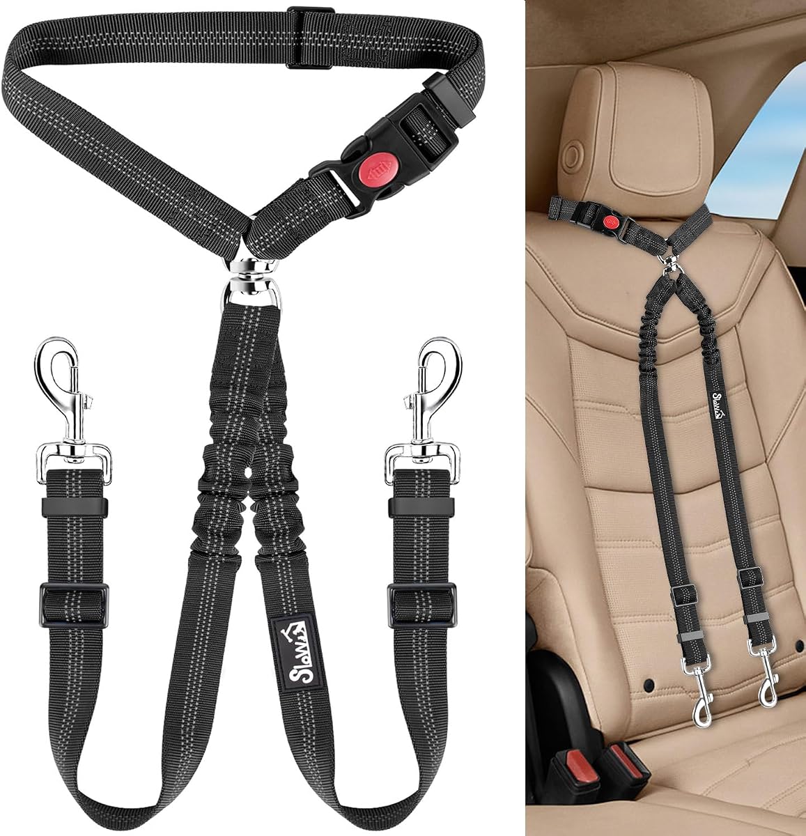 Lukovee Cinturón de seguridad doble para coche para perros, sujeción del reposacabezas sin enredos | Ajustable, reflectante, sin enredos de 360°, hebilla de metal, también funciona como correa para perros, diseño doble para mascotas, todos los tamaños de raza
