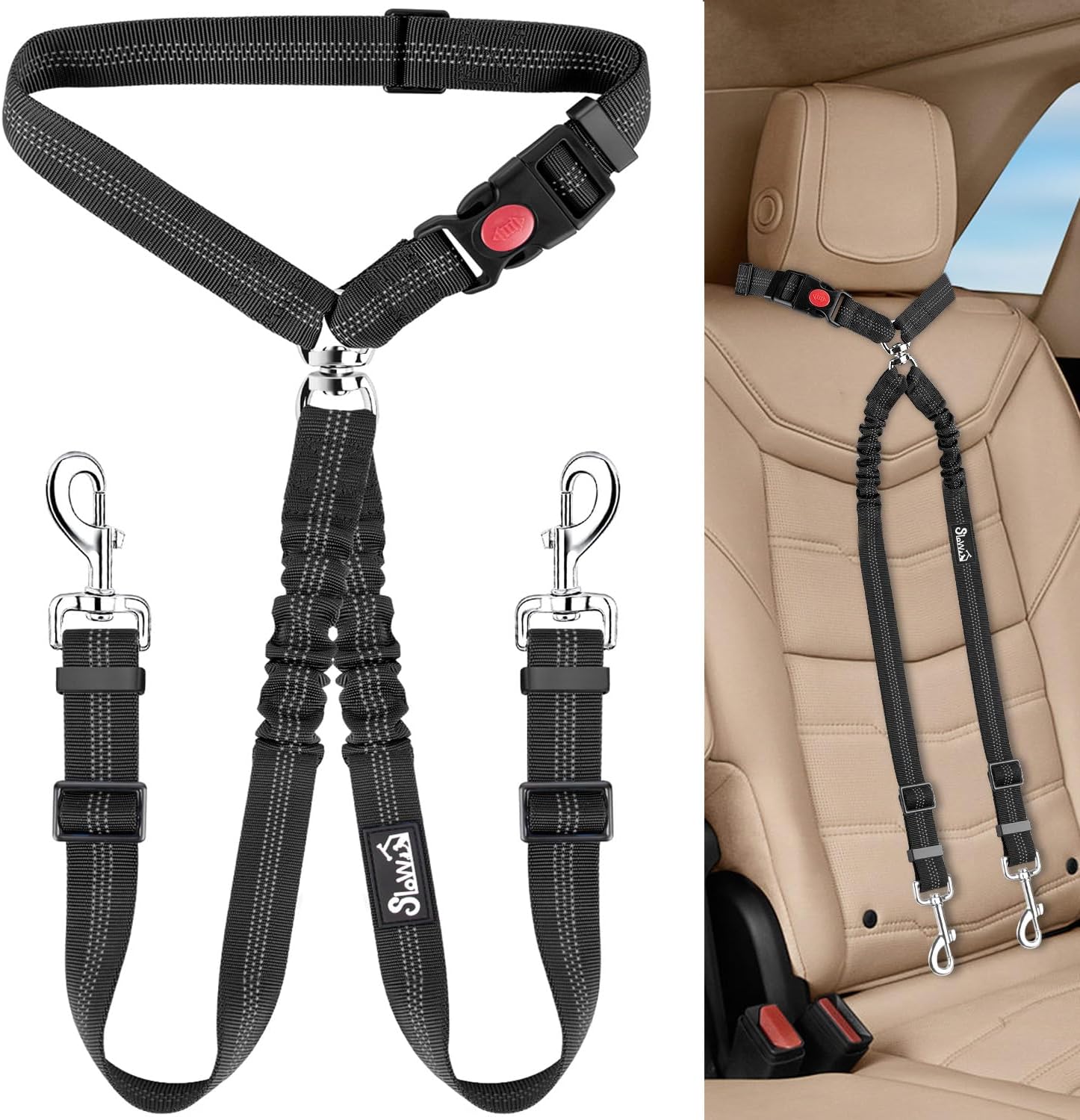 Lukovee Double Dog Seat Belt, New Dual Pet Car Headrest Restraint Safety Seatbelt No Tangle Dog Leash Duty Adjust Elastic Bungee Puppy Lead Splitter Connect Harness in Vehicle Travel for 2 Dogs,Black