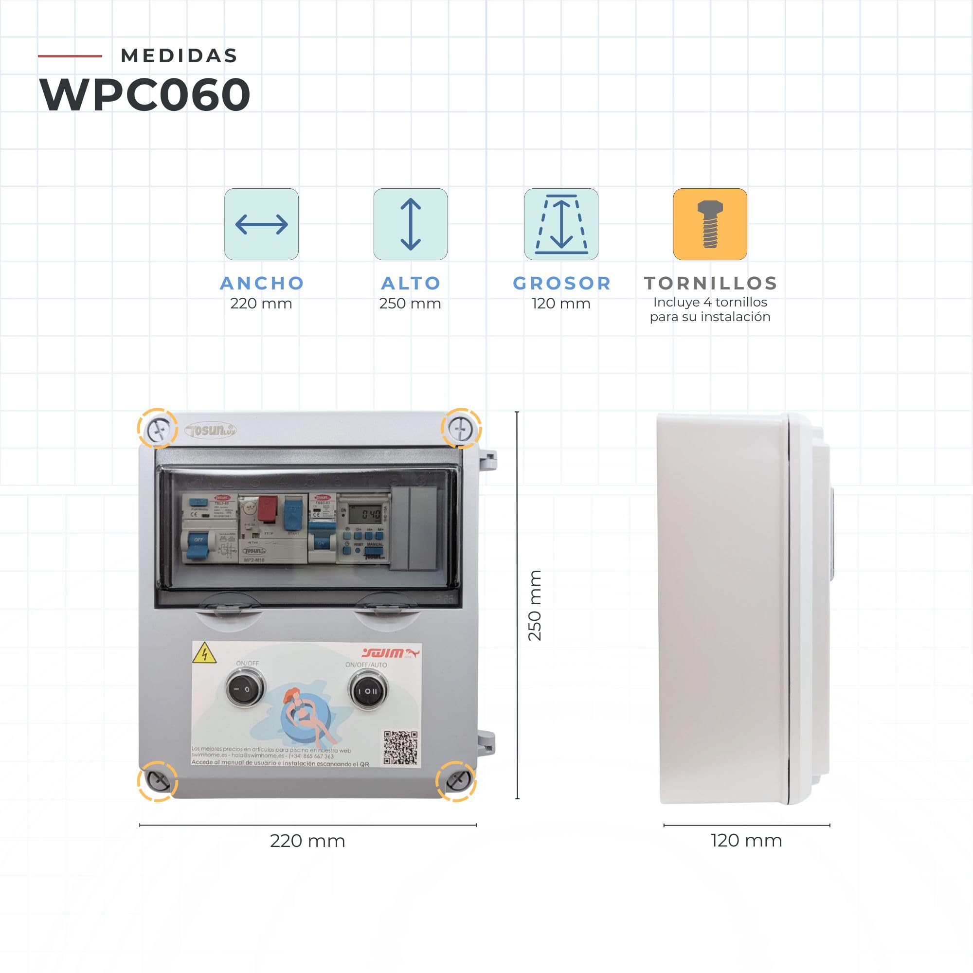 SWIMHOME Cuadro Eléctrico para Piscina Iluminación y Motor | Guardamotor y Transformador | Controlador WiFi RBG+Blanco | 60W 12DC