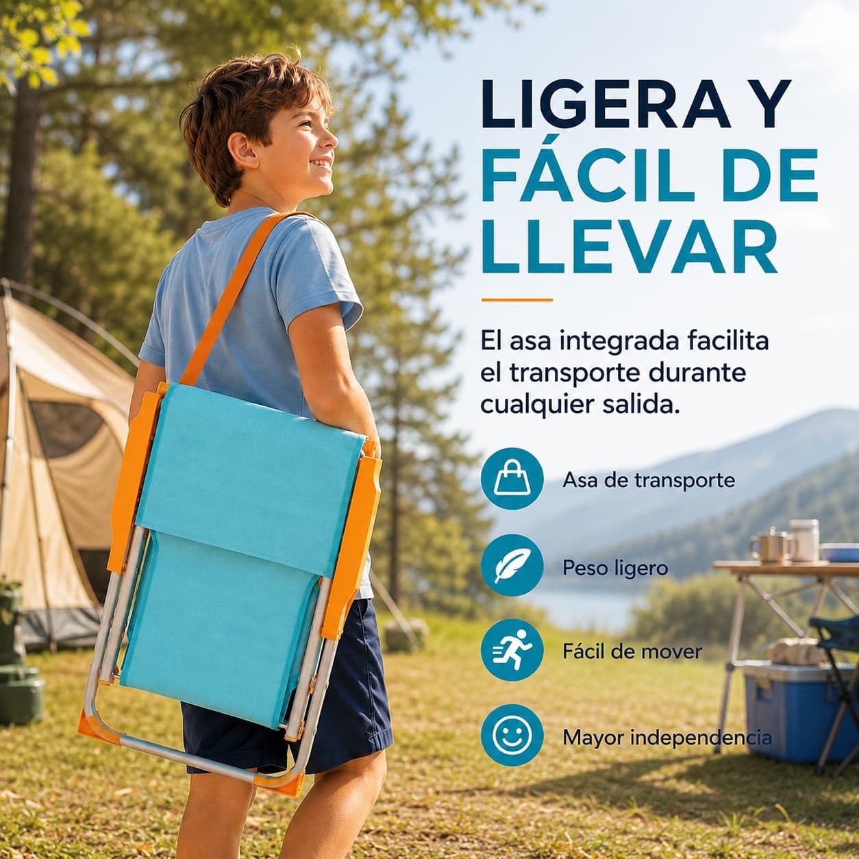 Silla de Camping para Niño Plegable - 24cm Altura Asiento - para Playa, Terraza, Jardin - Asa para Fácil Transporte y Reposabrazos - Ligera - Textileno y Aluminio - para Niños de 6 a 14 Años (Azul)
