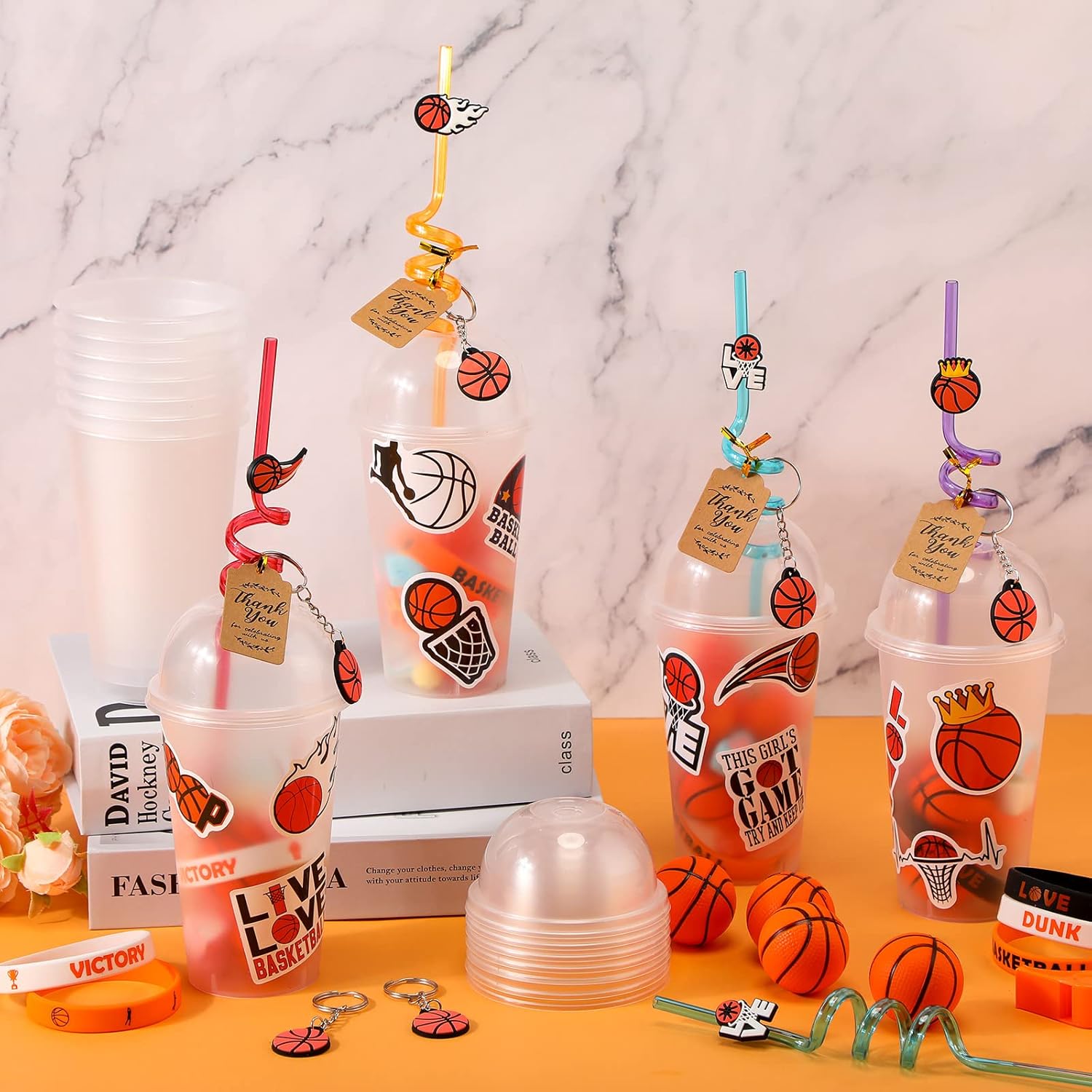 Weysat 268 Pcs Basketball Party Favors Sets for 24 People Birthday Gifts Goody Cups with Straws Key Chains Whistles Silicone Wristbands Stickers Thank You Tags for Party Supplies (Basketball) - Image 3