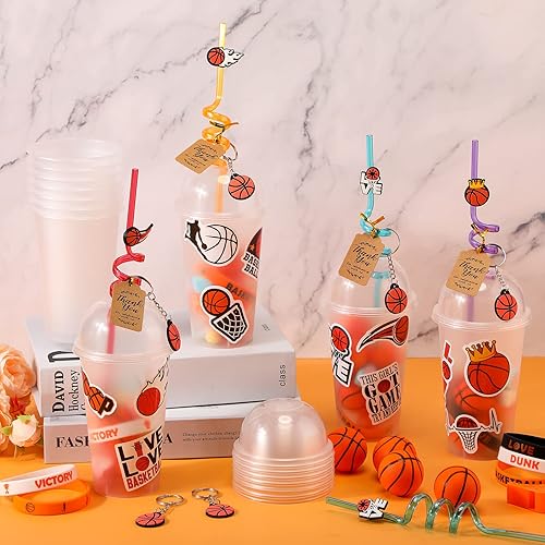Miniatura 3 de Weysat Juego de 268 piezas de regalos de fiesta de baloncesto para 24 personas, regalos de cumpleaños, tazas de golosinas con pajitas, llaveros,