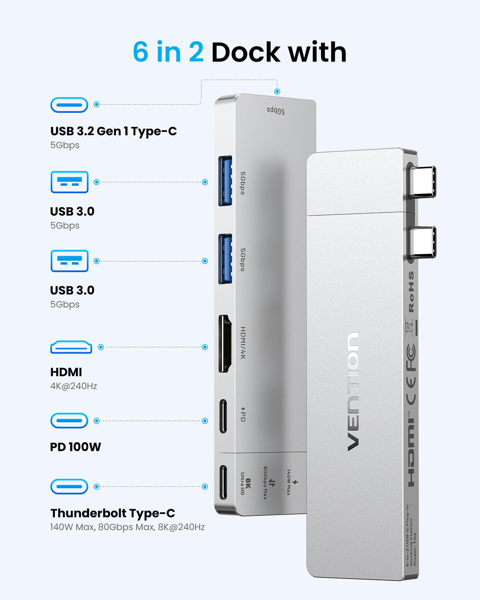VENTION MacBook USB Adapter, 6-in-2 Mac Hub with Dual USB C, Removable Magnetic USB-C Connector, PD 140W / 8K @ 240Hz / 80Gbps Max, Compatible with All Laptops/iPads, Silver