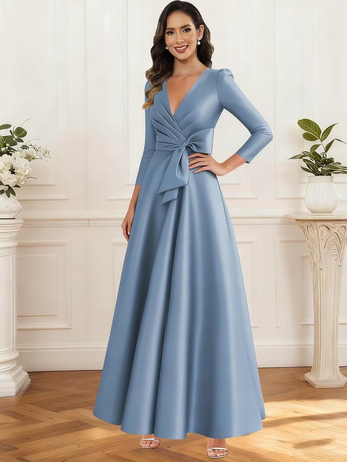 Satin Mother of The Bride Dresses for Wedding 3/4 Sleeve Tea Length Formal Gown with Pockets - Image 4