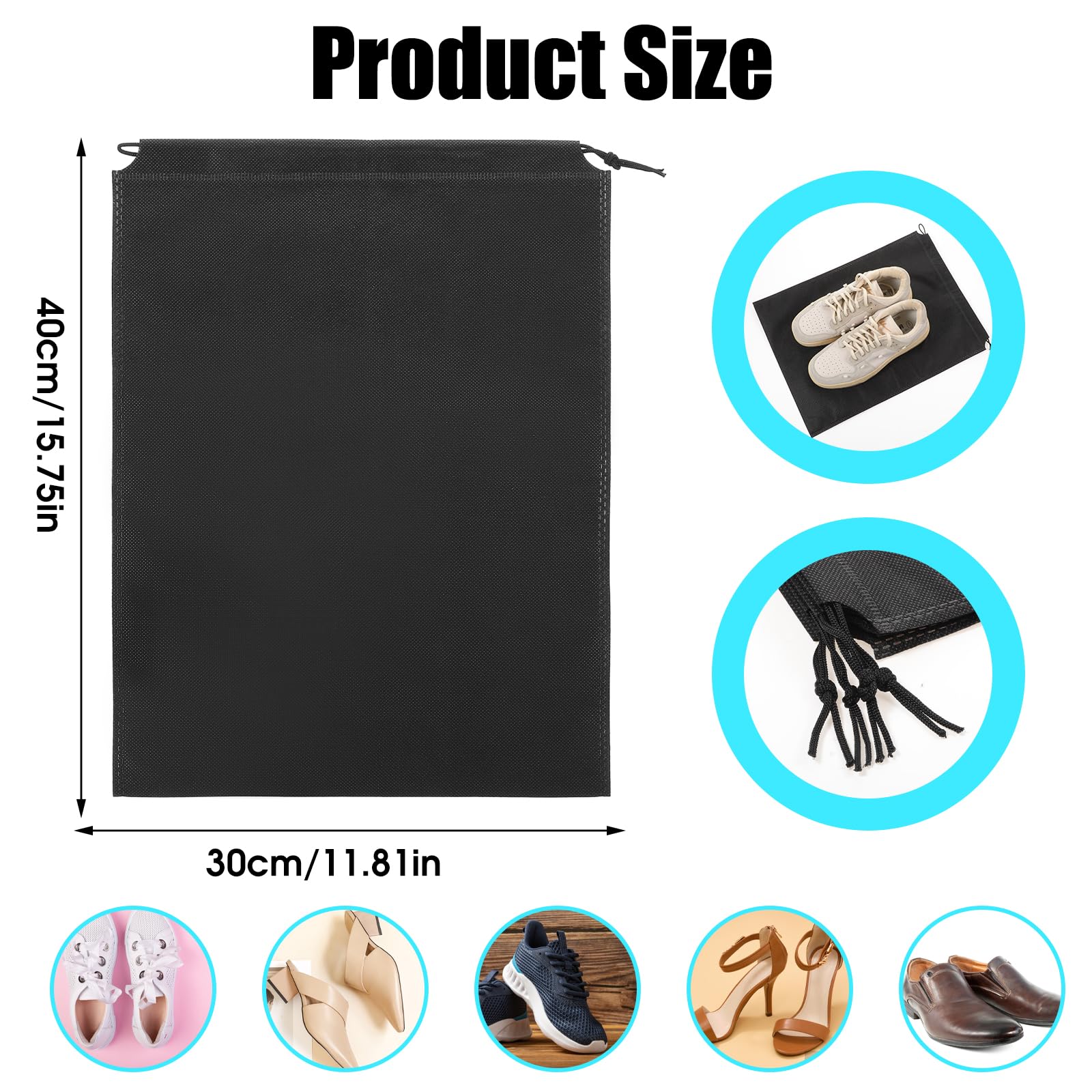 4szt. workowe walizki na buty, duże, łatwe do przenoszenia, worki na buty, nietkane, pyłoszczelne, torby na buty z sznurkiem, torby na buty, czarne, 40 × 30 cm, dla mężczyzn i kobiet, do domu, sportu