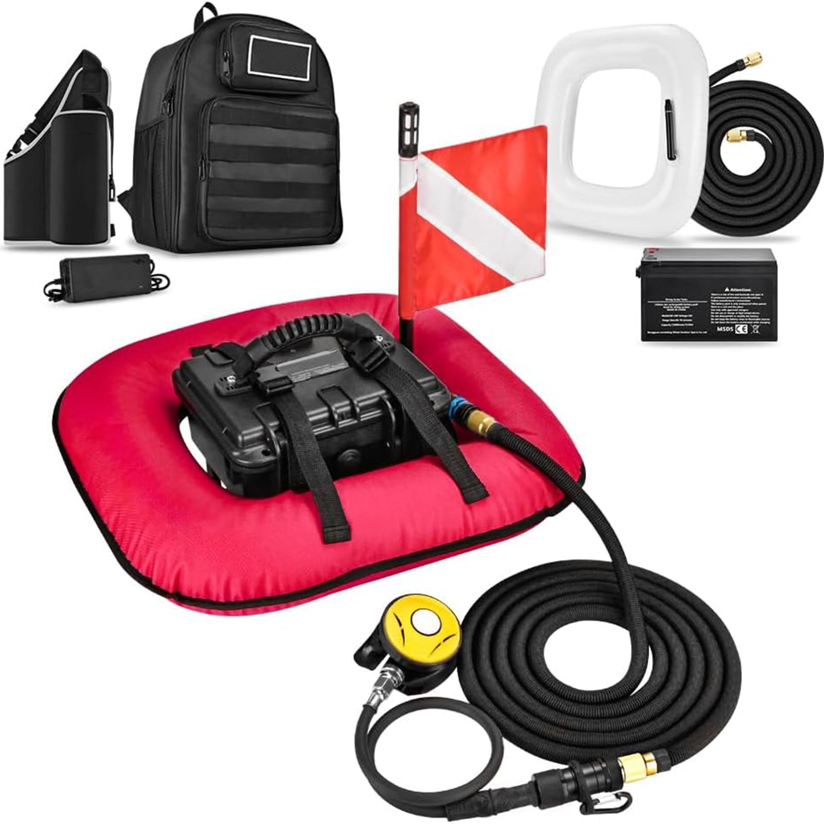NzEupno Battery Scuba Diving Ventilator, Rechargeable Power Dive System, Tankless Dive System with Breathing Hose & Regulator for Recreational Diving Red-2Battery