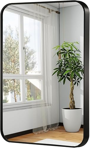 Espejo de baño de bronce de 22 x 30 pulgadas, espejo rectangular con marco de metal dorado cepillado con esquina redondeada, espejo de tocador de