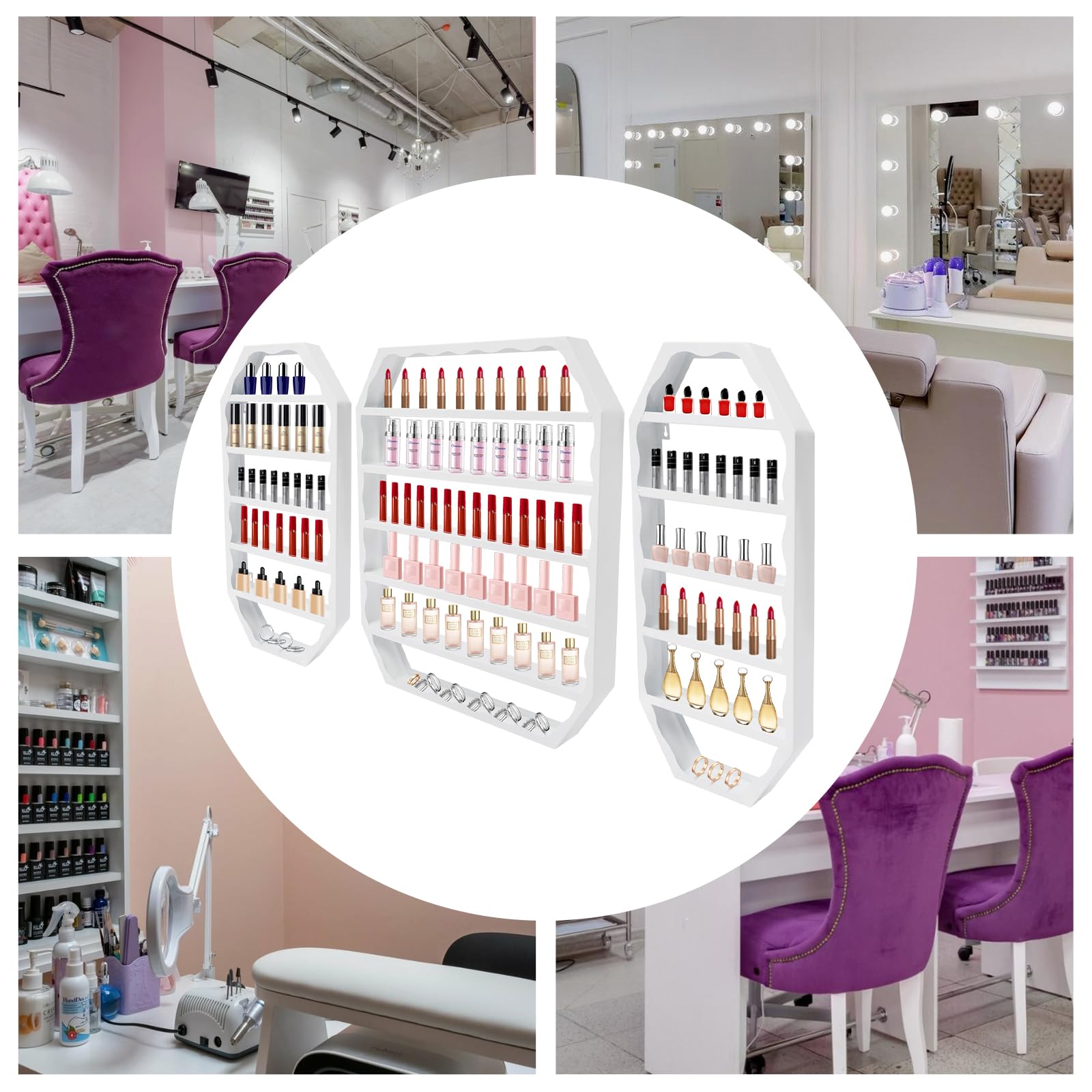 3 juegos de estantes de metal para esmalte de uñas, 6 niveles, octogonal, soporte multifuncional para esmalte de uñas, organizador de maquillaje, soporte para pintalabios, expositor (blanco)