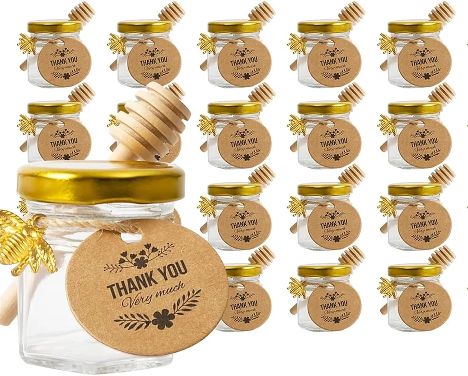 Honey Jars Party Favors 1.5oz,20pcs Little Glass Honey Jar - Glass Honey Jars with Gold Lids, Wooden Dippers, Bee Charms and Jutes for daughter Shower(Style E)