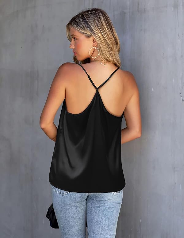 Ekouaer Silk Tank Top for Women Mesh V Neck Satin Camisole Silky Sleeveless Tank Cami Shirt Black by Ekouaer - Used condition - Image 2