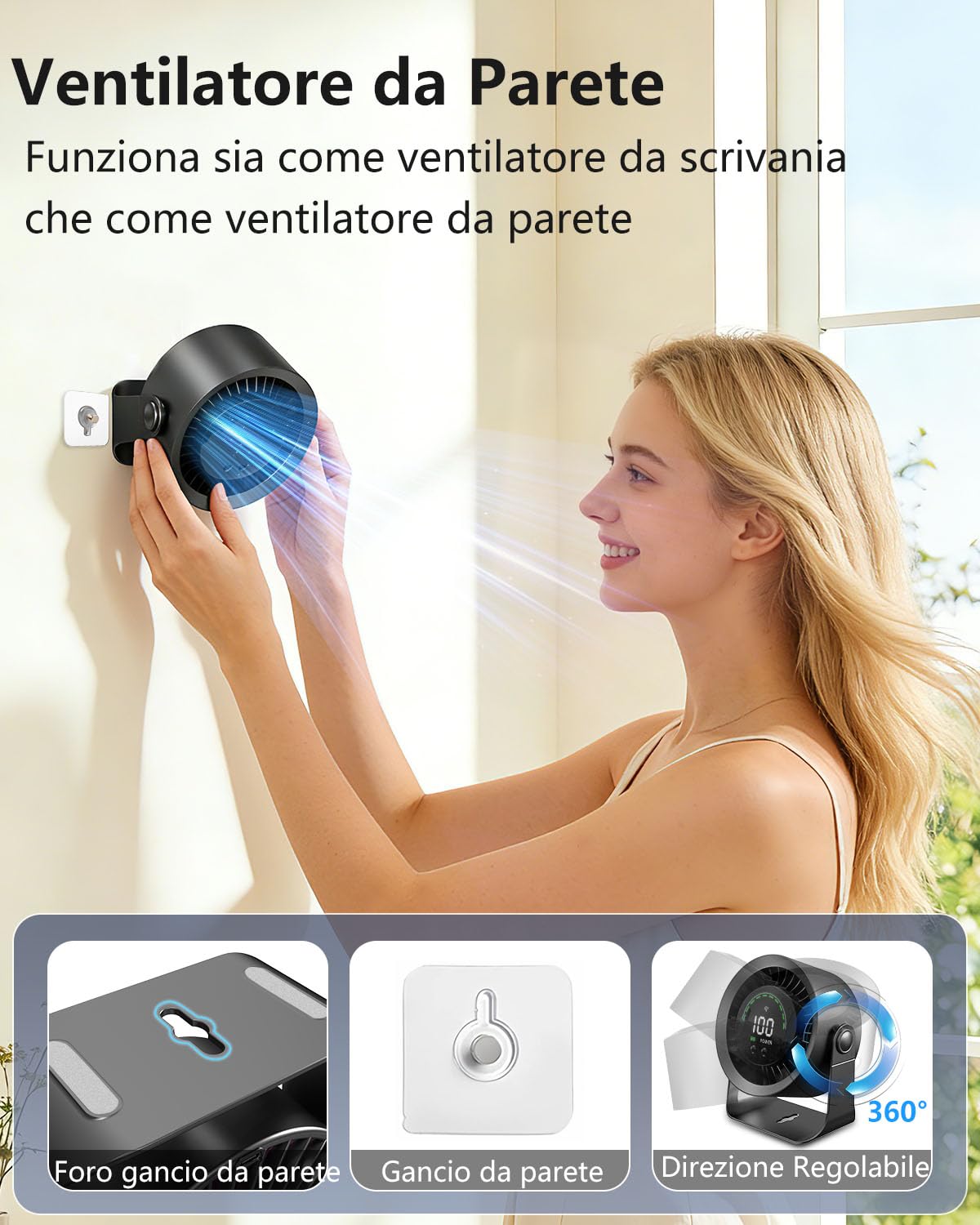 Ventilatore da Tavolo Silenzioso, Ventilatore Scrivania Utilizzabile Durante la Ricarica, Regolazione Continua 1-100 con Display LED, Batteria 4000mAh, Autonomia 17 Ore per Ufficio e Smart Working