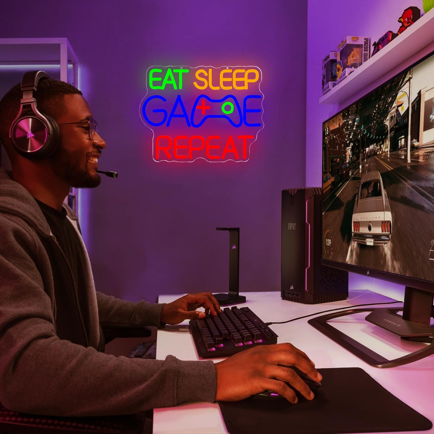 Eat Sleep Game Repeat Insegna al neon da gioco LED per la stanza dei ragazzi alimentata tramite USB, cartello decorativo per uomo, grotta, bar, camera da letto, sala giochi, arte da parete al neon per