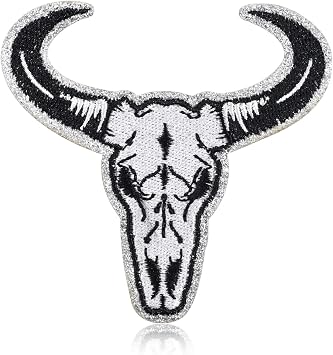 Bull Skull Embroidered Iron On/Sew On Patch, Western Cowboy Animal Skull Applique, Black & White Badge for Denim Jackets, Backpacks & Hats