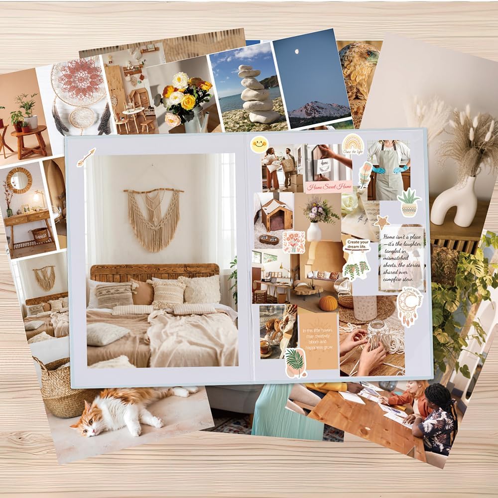 Vision Board Book Kit – 1100+ Boho Aesthetic Matte Clip Art, 20+ Themes, 70 Double-Sided Pages, Repositionable Stickers & Alphabet Sheets for Journaling, Scrapbooks, Creative Planning & Mood Boards
