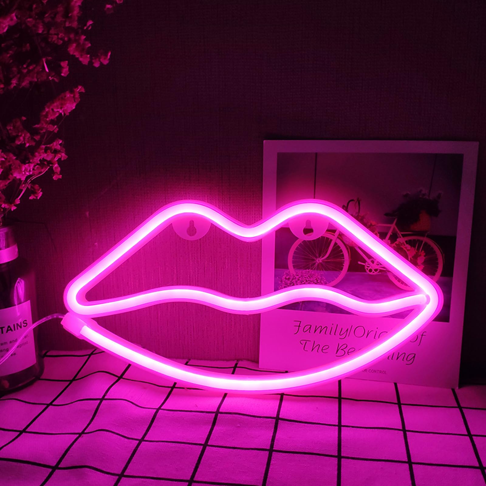 ENUOLI Neon Light Pink Lip Neon Lights Neon LED Lips Lights Pink Neon Signs Battery/USB Operated Lips Neon Signs Neon Lights Pink for Wall Pink Neon Light Light up Your Bedroom Party Wedding Bar