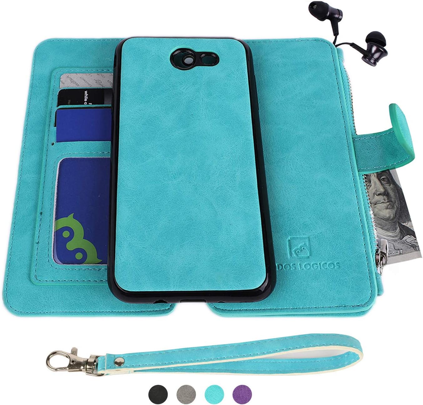 MODOS LOGICOS Samsung Galaxy J3 2017 Case, [Detachable Wallet Folio][2 in 1][Zipper Cash Storage][Up to 14 Card Slots 1 Photo Window] PU Leather Purse with Removable Inner Magnetic TPU Case - Teal
