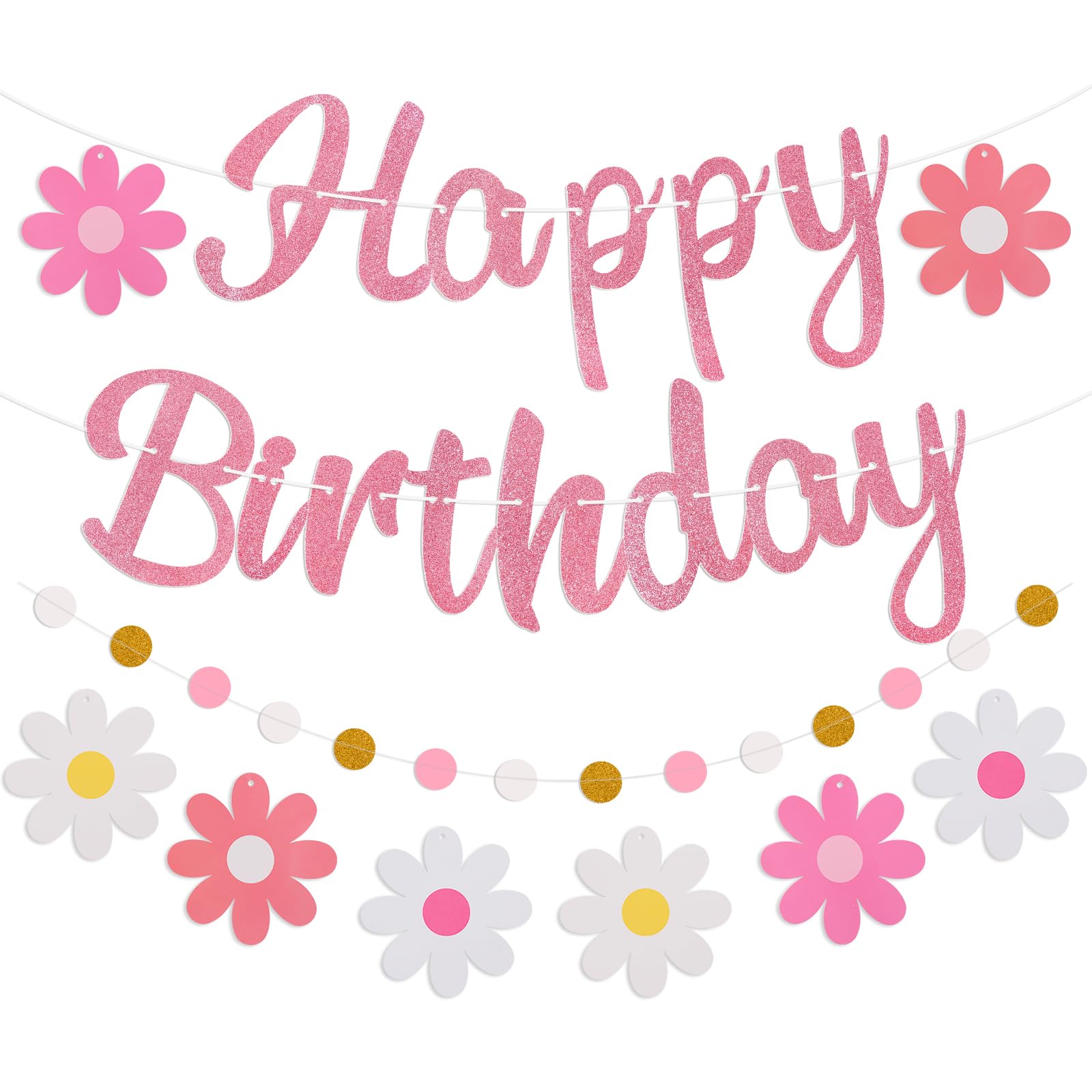 Pre-Strung Happy Birthday Banner, NO DIY Party Decorations (Pink)